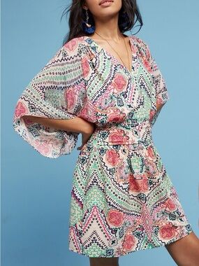 Maeve Anthropologie Siya Kimono Multicolor Mini Dress size 4 colorful abstract
